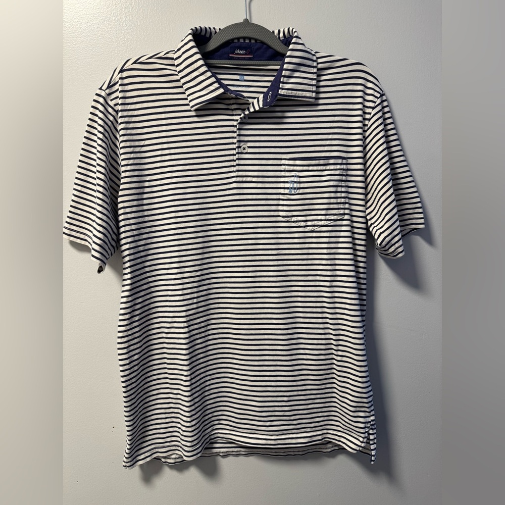 Johnnie-O Dante Polo Shirt Mens Size M Blue Gray Stripe Oceanside Pocket Golf